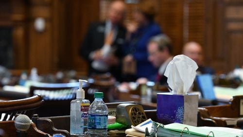 March12, 2020 Atlanta - Hand sanitizer and tissue are on the table during Crossover day at the Georgia State Capitol on Thursday, March 11, 2020. (Hyosub Shin / Hyosub.Shin@ajc.com)