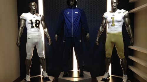 Mock-ups of Adidas gear and uniforms in the lobby of the Georgia Tech football offices. (AJC photo by Ken Sugiura)