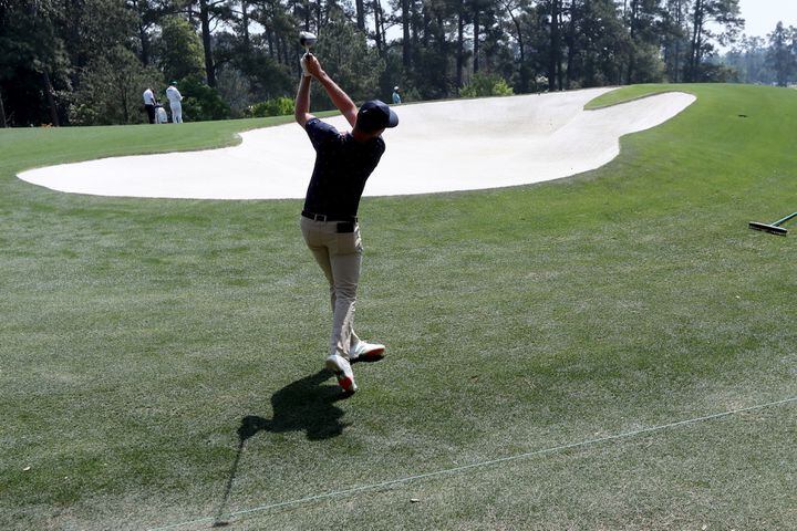 April 7, 2021, Augusta: Justin Rose hits his second shot on the second hole during his practice round for the Masters at Augusta National Golf Club on Wednesday, April 7, 2021, in Augusta. Curtis Compton/ccompton@ajc.com