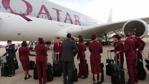 Qatar Airways flight attendants prepare to board an A380 for the inaugural flight from Atlanta to Doha in 2016. Ben Gray / bgray@ajc.com