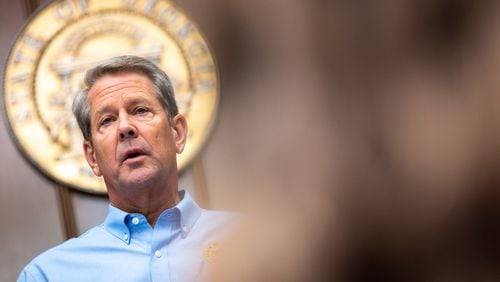 Gov. Brian Kemp speaks at a press conference in the ceremonial office of the state Capitol in Atlanta on Thursday, August 31, 2023, where he provided updates on response efforts following Hurricane Idalia as well as the Trump indictment. (Arvin Temkar / arvin.temkar@ajc.com)