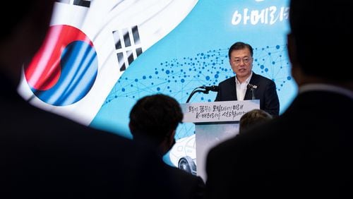 South Korean President Moon Jae-in, speaks during a presentation at the new SK Battery America factory in Commerce on Saturday afternoon, May 22, 2021. (Photo: Ben Gray for The Atlanta Journal-Constitution)