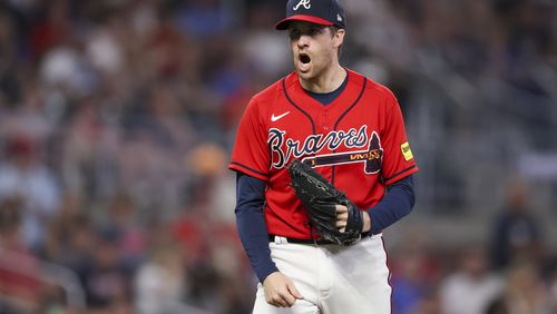 Atlanta Braves relief pitcher Collin McHugh reacts after striking out Washington Nationals right fielder Lane Thomas (not pictured) to end the top of the seventh inning at Truist Park, Friday, June 9, 2023, in Atlanta. The Braves won 3-2. (Jason Getz / Jason.Getz@ajc.com)