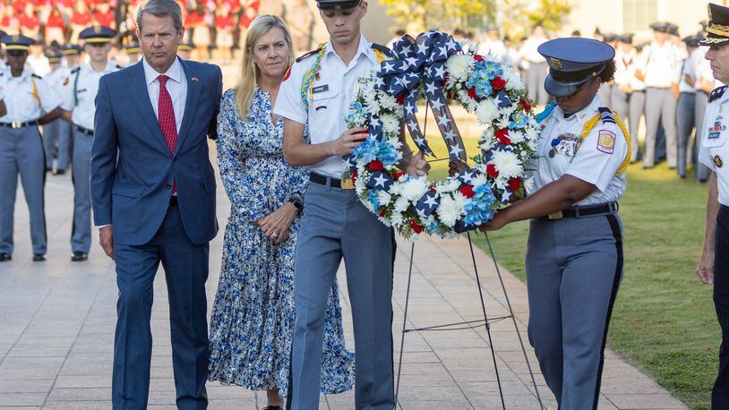 Gov. Brian Kemp and First Lady Marty Kemp participate in the annual Patriot Day Ceremony at Georgia Military College in Milledgeville, commemorating the 22nd anniversary of the Sept. 11 terrorist attacks. (Arvin Temkar / arvin.temkar@ajc.com)