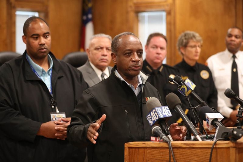 DeKalb County CEO Michael Thurmond speaks during a press conference to discuss the water main break on Buford Highway at the Doraville City Council Chambers Wednesday, March 7, 2018, in Doraville, Ga. PHOTO / JASON GETZ