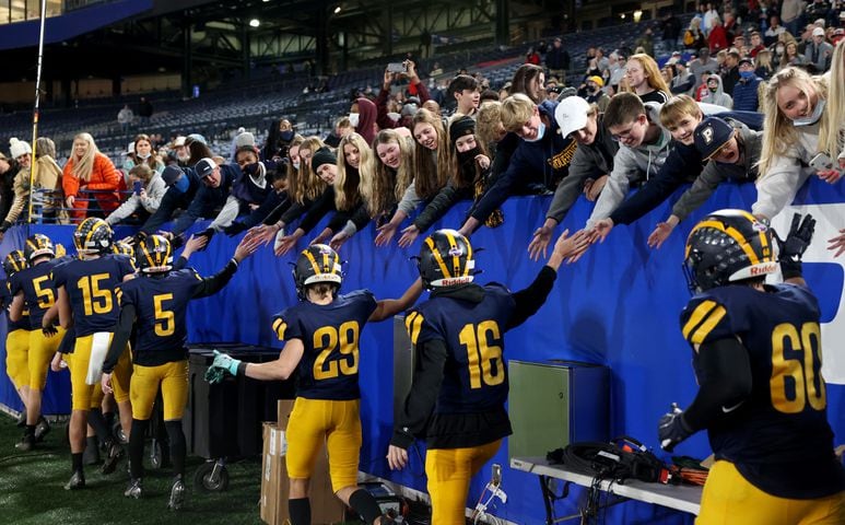 Prince Avenue Christian players celebrate with fans after their 41-21 win against Trinity Christian during the Class 1A Private championship at Center Parc Stadium Monday, December 28, 2020 in Atlanta, Ga.. JASON GETZ FOR THE ATLANTA JOURNAL-CONSTITUTION