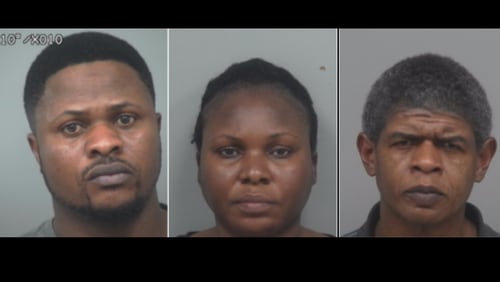 (left to right) Toyosi Ogunleye, Temitayo David and Gregory Bland have been arrested after deputies discovered $500,000 of stolen items at a Snellville warehouse.