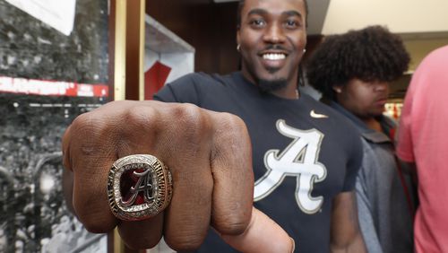 Alabama running back Bo Scarbrough shows off his championship ring.