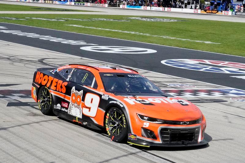 Chase Elliott heads down the front stretch during a NASCAR Cup Series auto race at Texas Motor Speedway in Fort Worth, Texas, Sunday, April 14, 2024. (AP Photo/Larry Papke)
