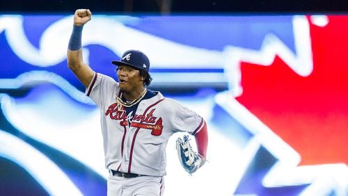 Braves outfielder Ronald Acuna celebrates defeating the Toronto Blue Jays Wednesday, Aug. 29, 2019, at the Rogers Centre in Toronto.