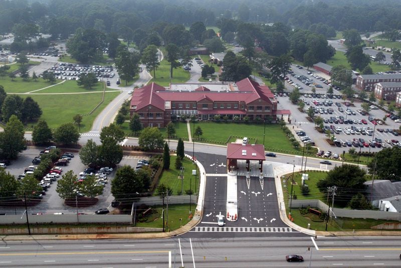 Aerial of the front gate at Fort McPherson shot from the east looking west on Aug. 24, 2005. Filmmaker Tyler Perry acquired most of the property, but a government-backed redevelopment authority recently named a developer for the remainder of the site. AJC File Photo