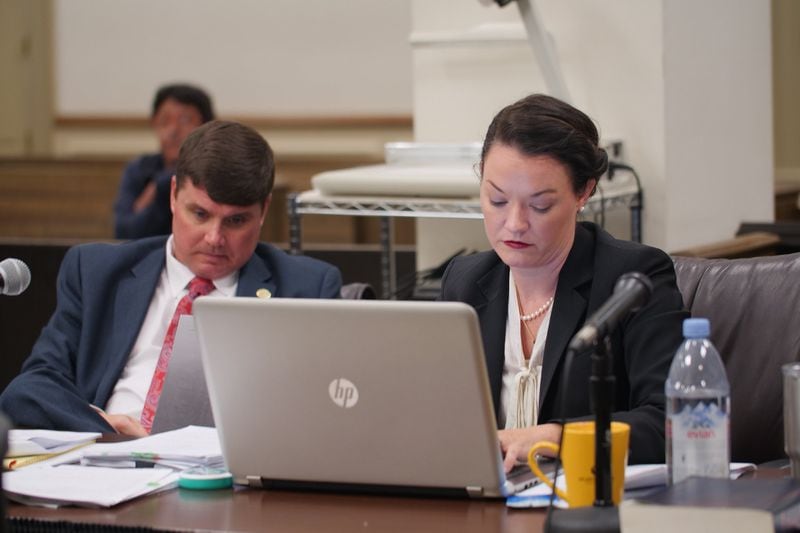 Marie Broder (right), the Griffin Judicial Circuit chief assistant district attorney, takes notes at Spalding County Superior Court during jury selection for the Franklin Gebhardt murder trial on June 18, 2018. On the left is District Attorney Benjamin Coker. 