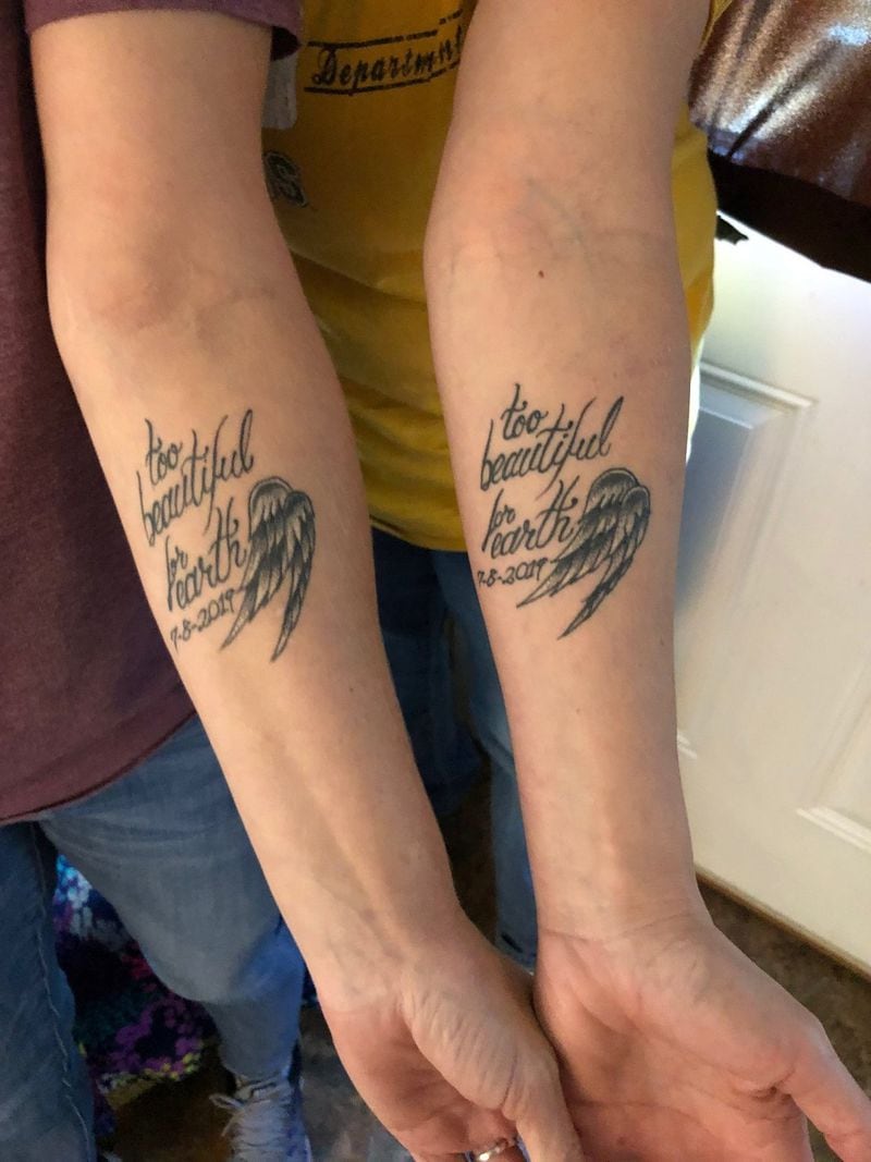 Stephanie Widener’s half-sister, Brandie Widener, and close friend Stephanie Taylor got these tattoos on their arms after Stephanie s death in July. They say “Too beautiful for earth” and the date of her death. 