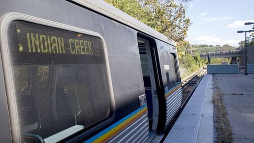 A train sits at the Indian Creek MARTA station in unincorporated DeKalb County, which is currently the eastern end of the rail line. The DeKalb County Commission recently approved a resolution supporting extending MARTA further east toward Stonecrest. AJC file photo. (CASEY SYKES / CASEY.SYKES@AJC.COM)