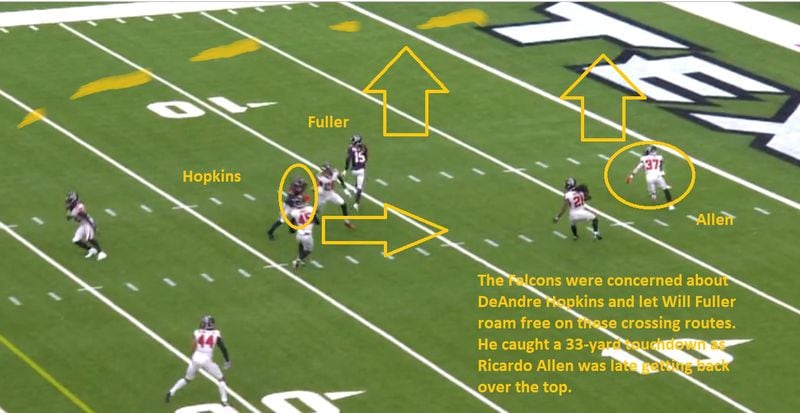 Falcons elected to stay with DeAndre Hopkins and left Will Fuller V roam free on two deep crossing routes. Fuller hauled down a 33-yard touchdown pass from Deshaun Watson for his second TD catch of the game. (Screen grab from gamepass.nfl.com)
