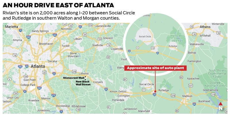 Location of Rivian's $5 billion electric vehicle factory east of Atlanta. The company’s site, about 2,000 acres along I-20 between the towns of Social Circle and Rutledge in southern Walton and Morgan counties, is about an hour’s drive from Atlanta and can pull from the metro area’s talent pool to fill its 7,500 planned jobs. 