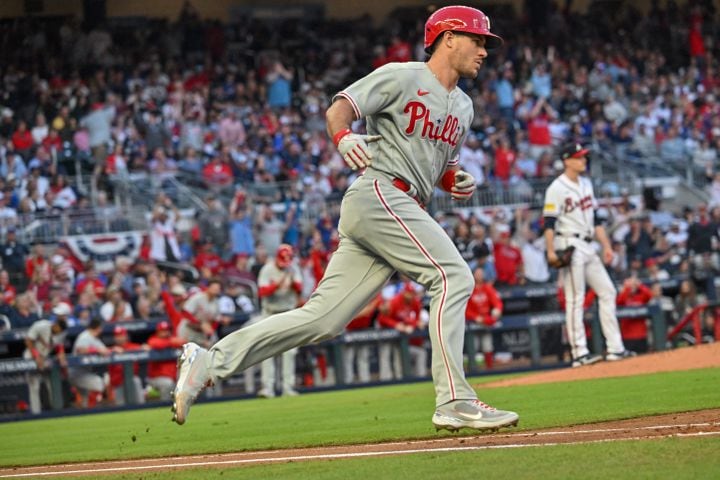 Philadelphia Phillies catcher J.T. Realmuto (10) rounds the bases after a two-run home run against the Atlanta Braves during the third inning of the NLDS Game 2 in Atlanta on Monday, Oct. 9, 2023.   (Hyosub Shin / Hyosub.Shin@ajc.com)