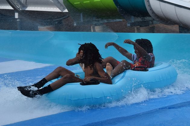 Youngsters from the Boys & Girls Club of Lanier enjoyed trying out the new Apocalypso slide at Fins Up Water Park, formerly Margaritaville at Lanier Islands Water Park.
(Courtesy of Fins Up at Margaritaville at Lanier Islands)
