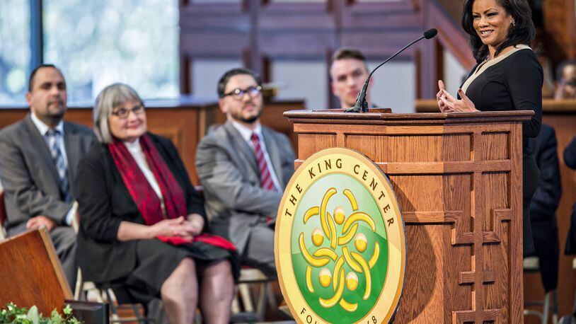 Goldie Taylor speaks during the 48th Martin Luther King Jr. Annual Commemorative Service at Ebenezer Baptist Church in Atlanta in January 2016. Last week, in a series of Twitter posts, Taylor said her adult son was targeted by Atlanta police officers as he attempted to sell a laptop computer he advertised on Craigslist. (JONATHAN PHILLIPS / SPECIAL)