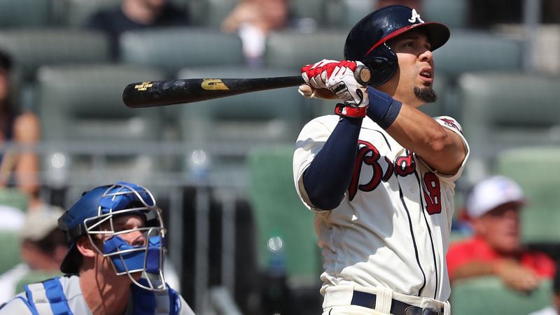 Rafael Ortega hits a grand slam to give the Braves a, 5-3, lead over the Los Angeles Dodgers in the sixth inning Sunday, Aug. 18, 2019, at SunTrust Park in Atlanta.
