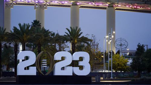 SoFi Stadium is decorated with the CFP logo ahead of the CFP national championship game, Wednesday, Jan. 4, 2023, in Inglewood, Calif. Georgia faces TCU Monday for the title. (AP Photo/Marcio Jose Sanchez)