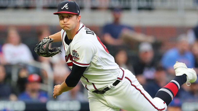 Braves left-hander Tucker Davidson, making his first start of 2021, throws to first in a pickoff attempt against the New York Mets during the first inning Tuesday, May 18, 2021, at Truist Park in Atlanta. (Curtis Compton / Curtis.Compton@ajc.com)