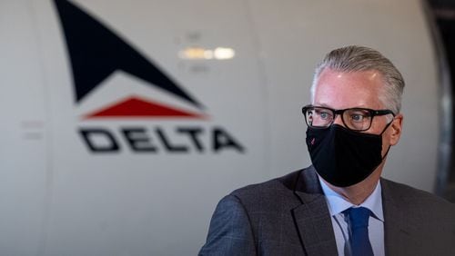 Delta CEO Ed Bastian during a  press conference following a tour of the Covid-19 vaccination site set up at the Delta Flight Museum in Hapeville on Wednesday afternoon, Feb. 24, 2021.Ben Gray for the Atlanta Journal-Constitution