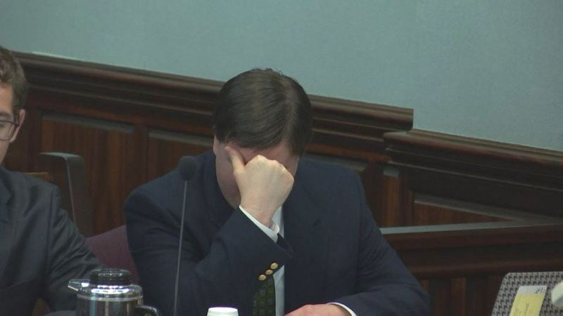Justin Ross Harris reacts to the testimony of his ex-wife Leanna Taylor, at his murder trial at the Glynn County Courthouse in Brunswick, Ga., on Monday, Oct. 31, 2016. (screen capture via WSB-TV)