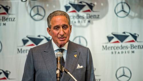September 8, 2015 Atlanta - Atlanta Falcons owner Arthur Blank speaks during the press conference announcing that a 10 year deal has been made to play the SEC Championship game at Mercedes-Benz Stadium at the College Football Hall of Fame in Atlanta on Tuesday, September 8, 2015.   JONATHAN PHILLIPS / SPECIAL