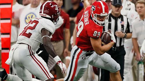 Georgia tight end Charlie Woerner was a three-time first-team all-state player while at Rabun County, where he was a two-way starter at safety and tight end.  Woerner was one of 350 alumni from current Class AA schools on college rosters this season. Photo: Bob Andres/AJC