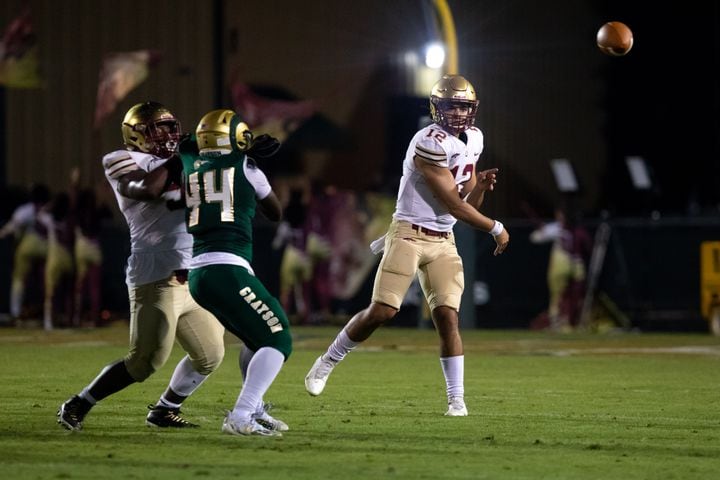 Brookwood quarterback Dylan Lonergan (12) throws the ball during a GHSA high school football game between the Grayson Rams and the Brookwood Broncos at Grayson High School in Loganville, Ga. on Friday, October 22, 2021. (Photo/Jenn Finch)