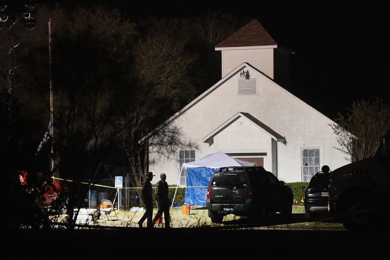 SUTHERLAND SPRINGS, TX - NOVEMBER 06:  Law enforcement officials continue their investigation at First Baptist Church of Sutherland Springs during the early morning hours of November 6, 2017 in Sutherland Springs, Texas. Yesterday a gunman, Devin Patrick Kelly, killed 26 people at the church and wounded many more when he opened fire during a Sunday service.  (Photo by Scott Olson/Getty Images)