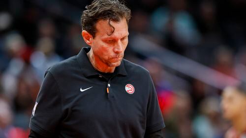 Hawks coach Quin Snyder reacts during the first half of his team's loss against the Timberwolves on Monday night at State Farm Arena. (Jason Getz / Jason.Getz@ajc.com)