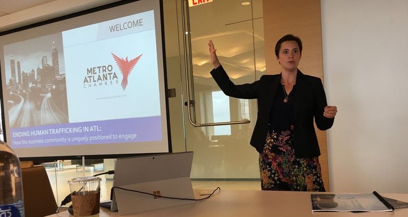 Ashleigh Chapman, president and CEO of the Alliance for Freedom, Restoration, and Justice, speaks to local business leaders at a Metro Atlanta Chamber training session. CONTRIBUTED