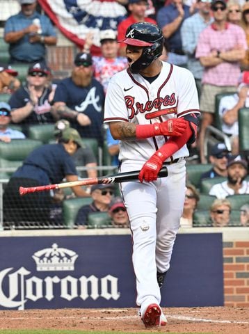 Atlanta Braves' Orlando Arcia walks during the fifth inning of game one of the baseball playoff series between the Braves and the Phillies at Truist Park in Atlanta on Tuesday, October 11, 2022. (Hyosub Shin / Hyosub.Shin@ajc.com)