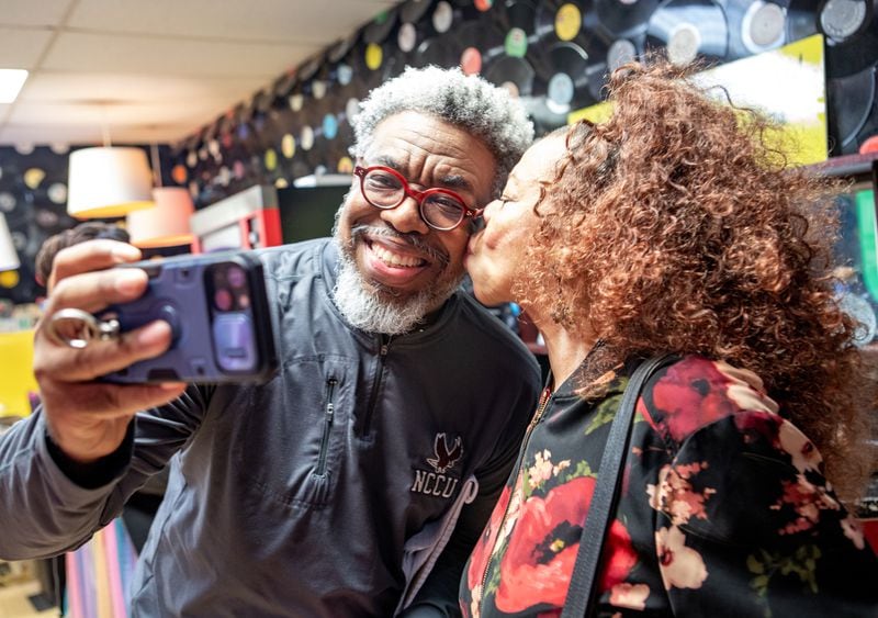 AJC reporter Ernie Suggs takes a selfie with R&B legend Millie Jackson at Encore Film and Music Studio recording with her daughter on Sunday, Feb 4, 2024.  (Jenni Girtman for The Atlanta Journal-Constitution)