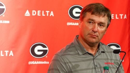 Georgia head coach Kirby Smart speaks to members of the press Monday, Sept. 17, 2018, at Butts-Mehre Heritage Hall in Athens.