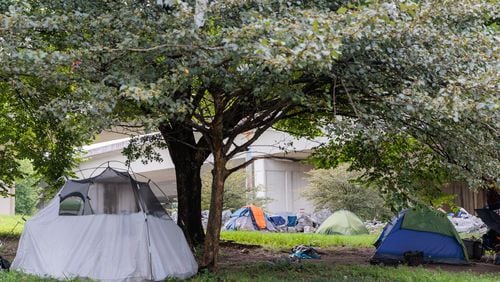 A homeless encampment in downtown Atlanta on Thursday, August 25, 2022. (Arvin Temkar / arvin.temkar@ajc.com)