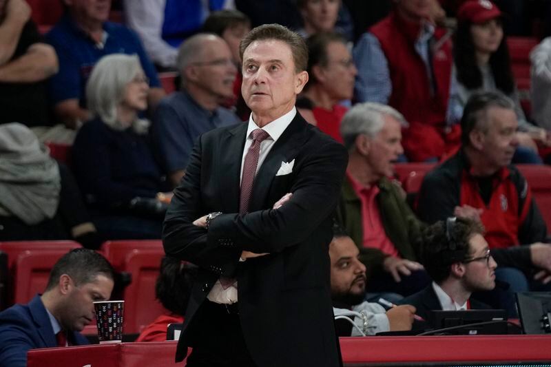 FILE - St. John's head coach Rick Pitino looks on during the first half of an NCAA college basketball game against Stony Brook, Nov. 7, 2023, in New York. Point guard Deivon Smith is transferring to St. John’s from Utah, giving Hall of Fame coach Pitino a veteran replacement for Daniss Jenkins next season. (AP Photo/Seth Wenig, File)