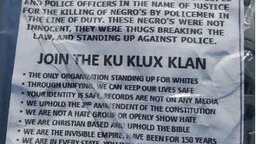 This Ku Klux Klan recruitment flier was distributed in neighborhoods in Floyd County. (Credit: Rome News-Tribune)