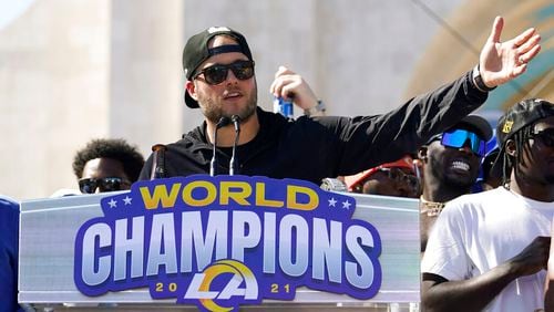 Los Angeles Rams quarterback Matthew Stafford speaks during the team's victory celebration and parade in Los Angeles, Wednesday, Feb. 16, 2022, following the Rams' win Sunday over the Cincinnati Bengals in the NFL Super Bowl 56 football game. (AP Photo/Marcio Jose Sanchez)