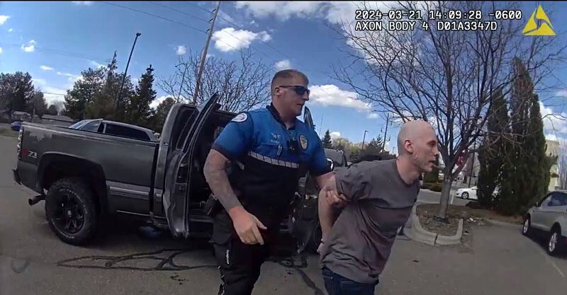 FILE - In this photo made from body camera footage and released by the Twin Falls, Idaho, Police Department, Skylar Meade, right, is arrested in Twin Falls on Thursday, March 21, 2024. Meade, a suspect in an attack on corrections officers at a Boise, Idaho, hospital, is due in court for a preliminary hearing Monday, April 8, 2024. (Twin Falls Police Department via AP, File)