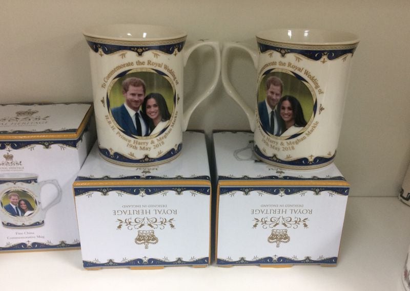 Mugs commemorating the May 19, 2018 wedding of Prince Harry and Meghan Markle at The Royal Pantry at Merchants Walk in Marietta. Jill Vejnoska/AJC