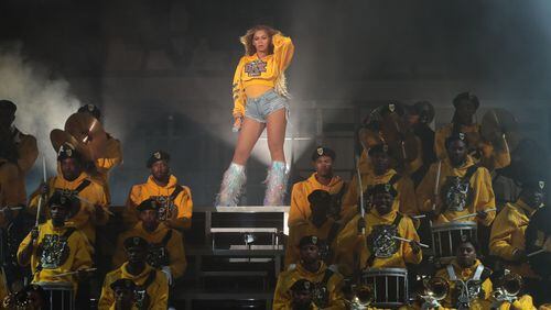 April 14, 2018; Indio, CA, USA; Beyoncé performs at the Coachella Valley music and Arts Festival at Empire Polo Club. Mandatory Credit: Zoe Meyers/The Desert Sun via USA TODAY NETWORK