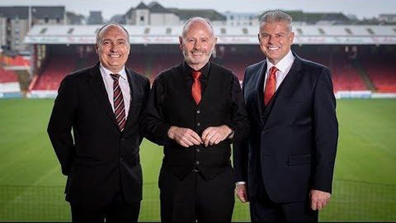 Atlanta United President Darren Eales, outgoing Aberdeen chairman Stewart Milne and incoming owner and chairman Dave Cormack pose after a news conference in Scotland. (MLSSoccer.com)