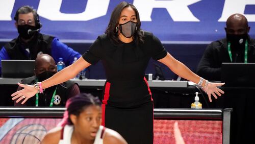 Georgia head coach Joni Taylor watches from the sideline during the first half of an NCAA college basketball game against South Carolina Sunday, March 7, 2021, during the Southeastern Conference tournament final in Greenville, S.C. (AP Photo/Sean Rayford)