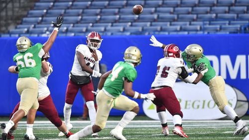 Warner Robins quarterback Jalen Addie (1), throwing a pass against Buford in the 2019 Class 5A championship game, passed for two touchdowns and scored touchdowns rushing and receiving in a 42-7 victory over Archer last week. (Hyosub Shin / Hyosub.Shin@ajc.com)