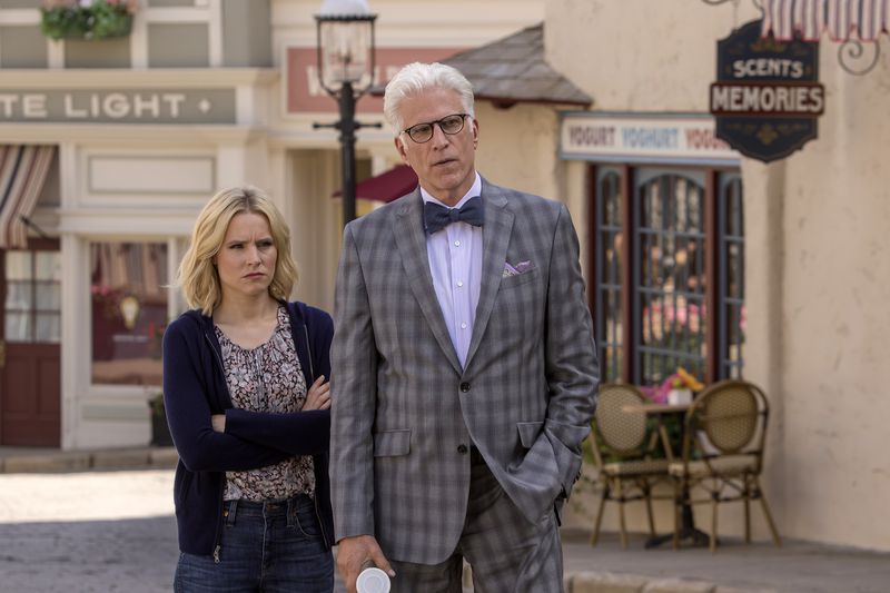  THE GOOD PLACE -- "Most Improved Player" Episode 107 -- Pictured: (l-r) Kristen Bell as Eleanor, Ted Danson as Michael -- (Photo by: Ron Batzdorff/NBC)