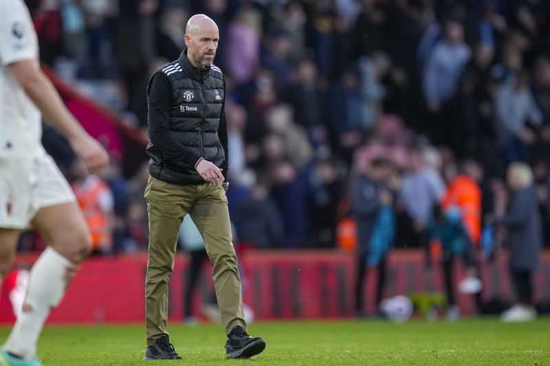 Manchester United's head coach Erik ten Hag leaves the field after the English Premier League soccer match between Bournemouth and Manchester United, at The Vitality Stadium in Bournemouth, England, Saturday, April 13, 2024. (AP Photo/Kirsty Wigglesworth)