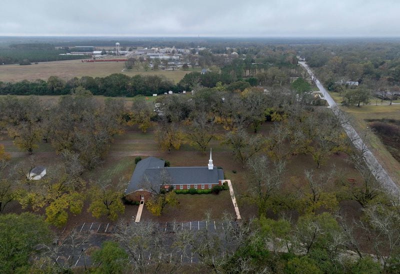 Aerial photo shows Maranatha Baptist Church (foreground) and downtown Plains (background), Tuesday, November 21, 2023, in Plains. The Carter Center said late Sunday that ceremonies celebrating former first lady Rosalynn Carter will take place the week after Thanksgiving in Atlanta and Sumter County, Georgia. Rosalynn Carter, the wife of former President Jimmy Carter, died Sunday in the couple’s hometown of Plains. She was 96 years old. (Hyosub Shin / Hyosub.Shin@ajc.com)